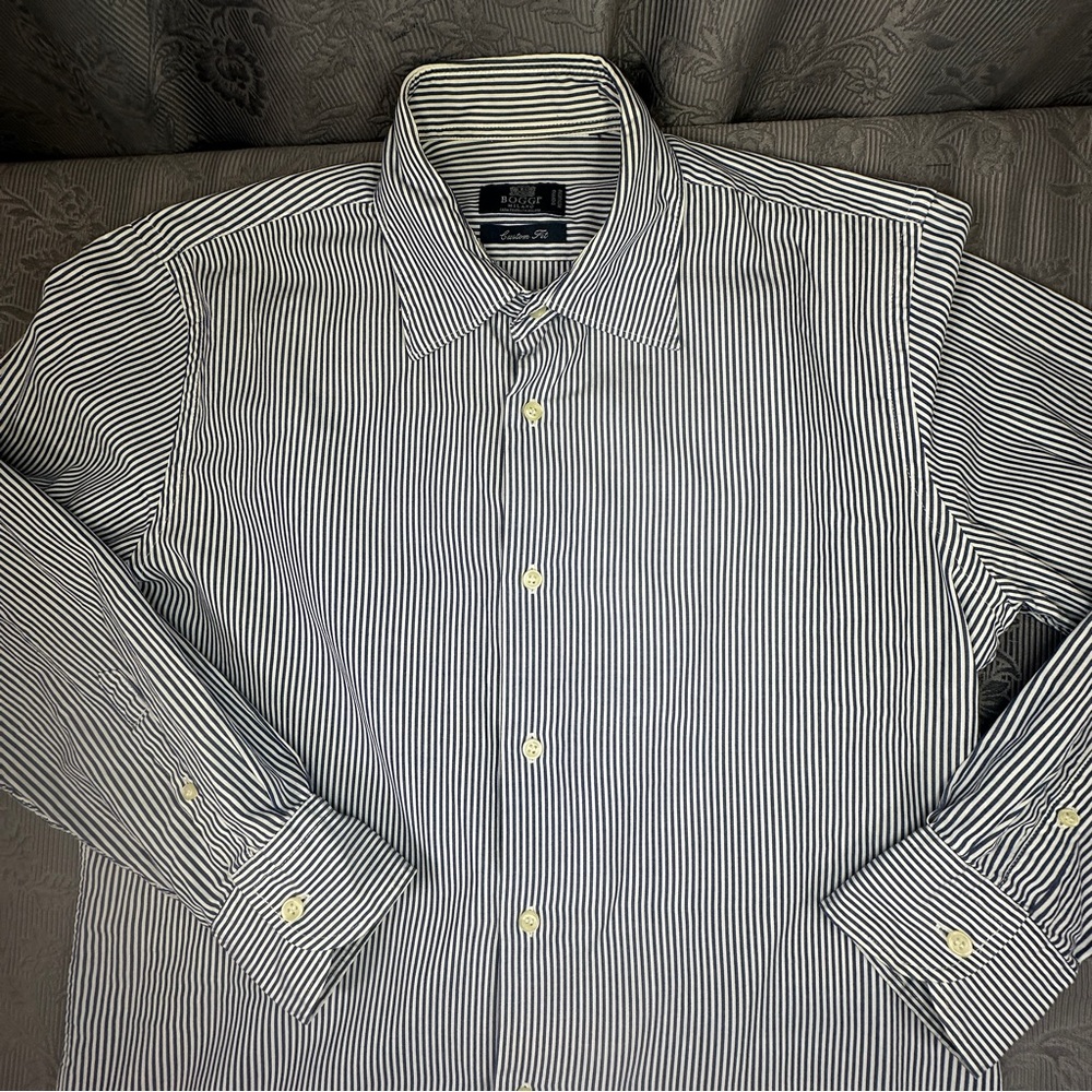 Boggi Milano Custom Fit Blue Striped Long Sleeve Button Up Dress Shirt 44” Chest - Picture 2 of 11